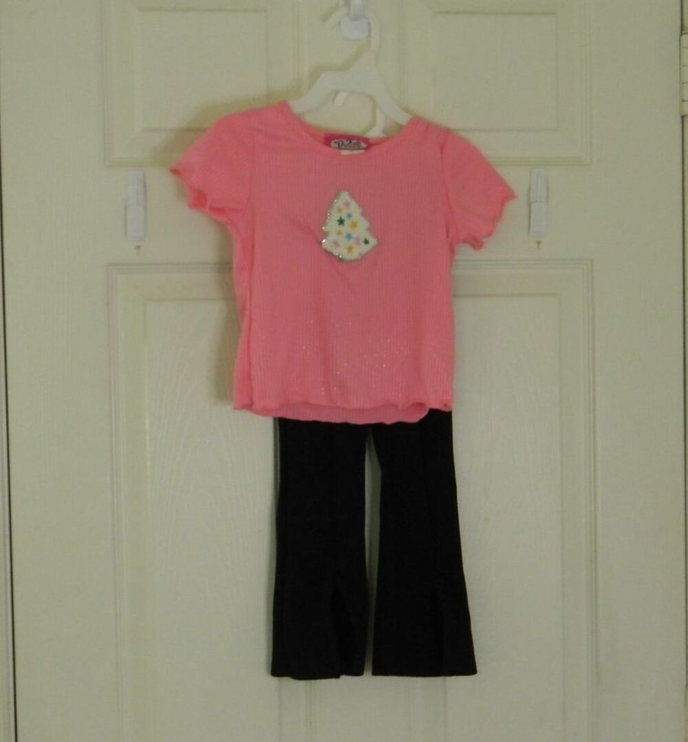 Christmas Outift for Girls Black Pants and Pink Tee with Tree Set 4T  NWOT